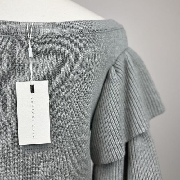 Endless Rose Sweater Romantic Ruffle Off Shoulder Tiered Sleeve Gray Small NWT - Picture 9 of 11